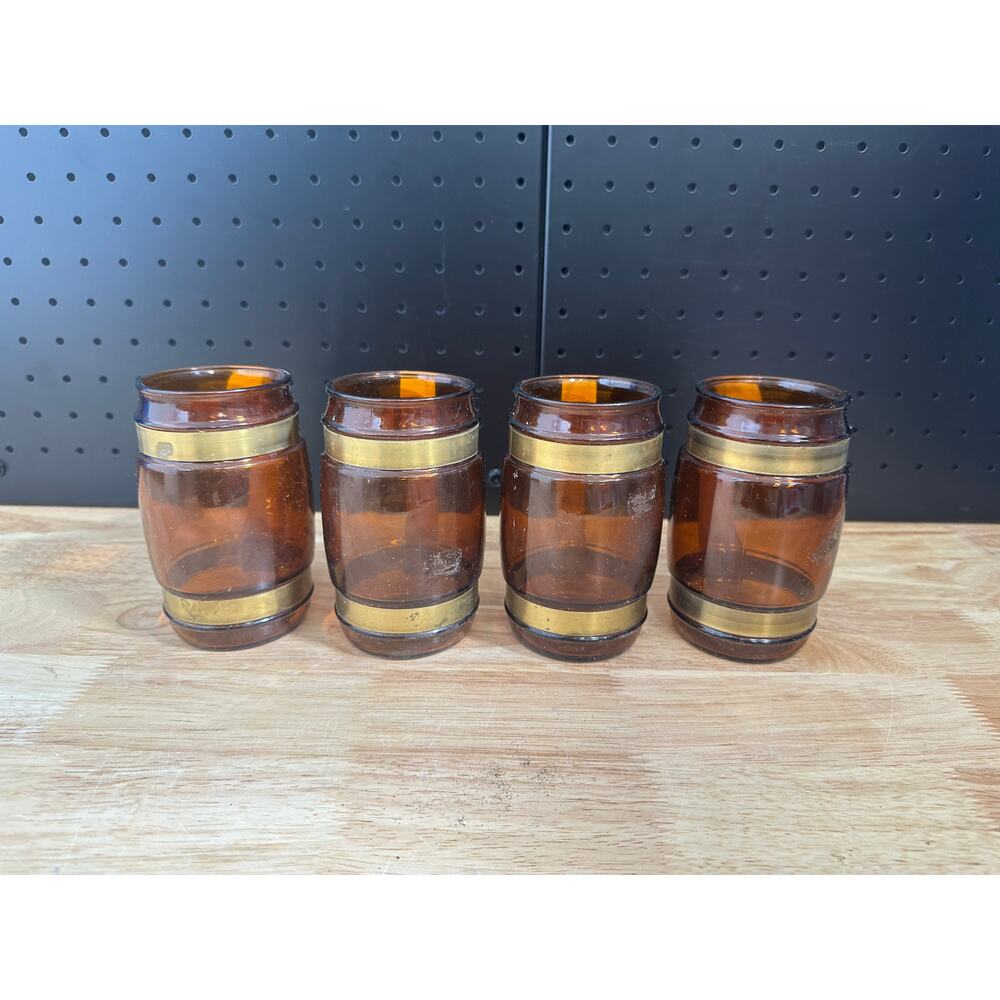 4 Vtg 1960’s Siesta Ware Amber Brown Glass Barrel Mug Wood Handle Brass Trim